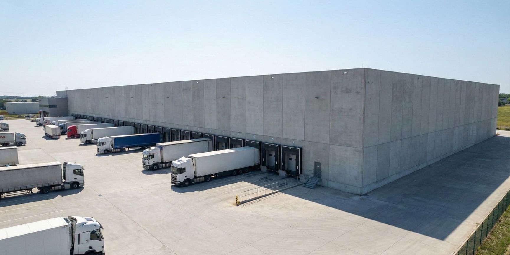 Außenansicht einer großen Logistikhalle aus Beton mit einseitiger Befahrbarkeit, an deren Laderampen mehrere LKW-Sattelzüge zum Be- und Entladen angedockt sind